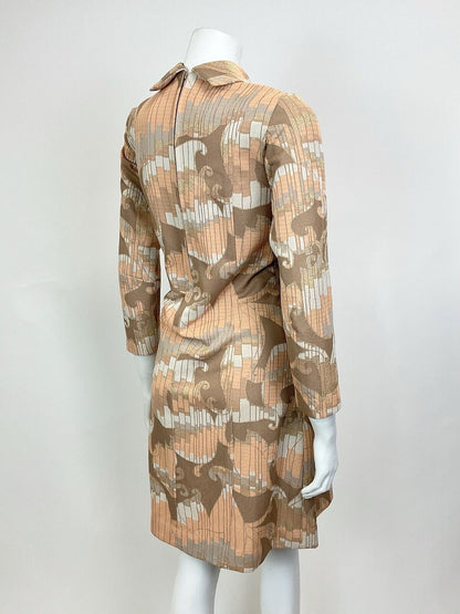 VTG 60s 70s ORANGE BROWN GOLD PSYCHEDELIC SWIRL STRIPED TURTLENECK DRESS 12 14