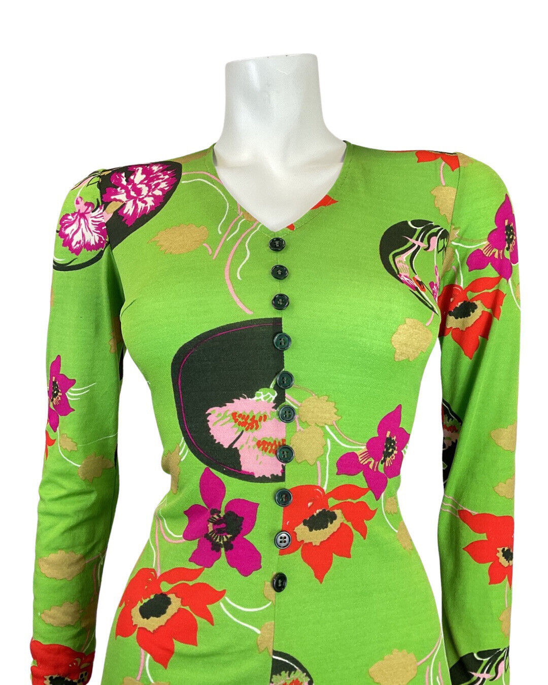 VINTAGE 60s 70s GREEN RED BLACK FLORAL BUTTON-UP SKATER SWING DRESS 8 10