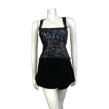 VINTAGE 70s 80s BLACK IRIDESCENT SEQUIN DISCO PARTY STRAPPY CROPPED TOP 14 16