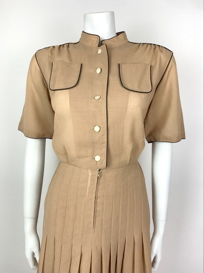 VINTAGE 70s 80s CAMEL BROWN MANDARIN COLLAR PLEATED SUMMER SHIRT DRESS 10