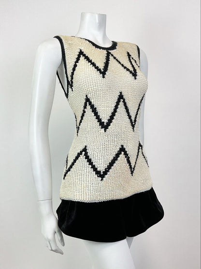 VINTAGE 70S 80S IRIDESCENT WHITE BLACK ZIG-ZAG MOD KNITTED SLEEVELESS TOP 10 12