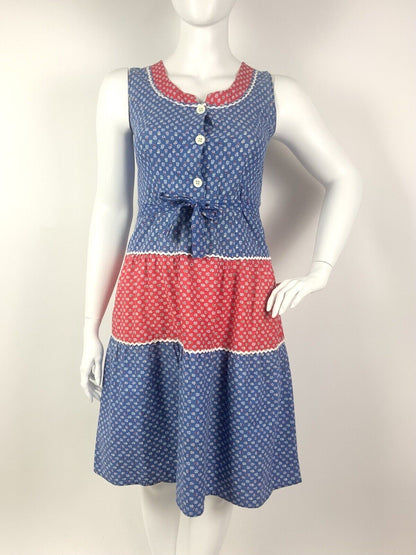 VTG 60s 70s BLUE RED WHITE FLORAL DITSY DAISY RIC RAC COTTAGE BOHO DRESS 14 16