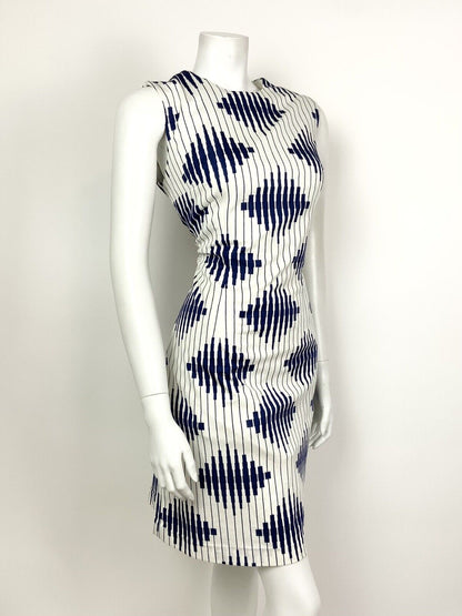 VINTAGE 60s 70s WHITE NAVY BLUE STRIPED DIAMOND GEOMETRIC WIGGLE DRESS 12 14