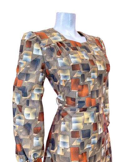 VINTAGE 60s 70s YELLOW BLACK ORANGE GEOMETRIC GRID CHECKED DRESS 10 12