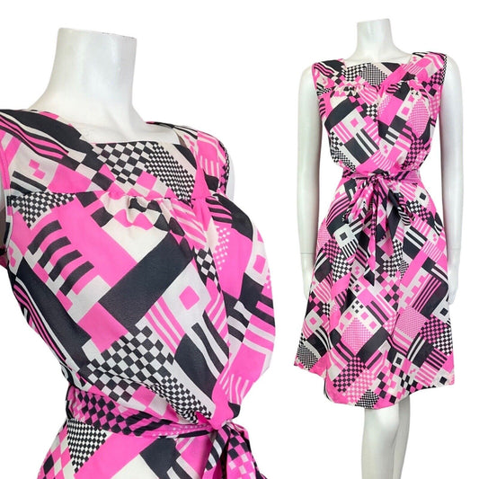 VINTAGE 60s 70s PINK BLACK WHITE GEOMETRIC CHECKERBOARD BELTED MOD DRESS 12 14