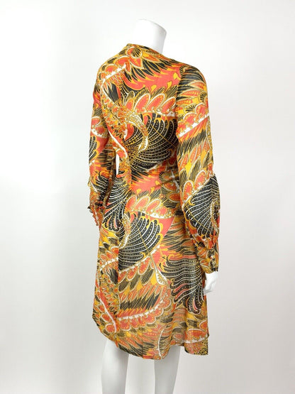 VTG 60s 70s ORANGE YELLOW BLACK FEATHER PSYCHEDELIC CARNIVAL SHEER DRESS 8 10