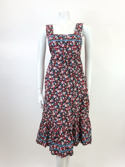 VTG 60s 70s BLACK PINK BLUE RED FLORAL DAISY RIC RAC MOD TENT EMPIRE DRESS 8 10