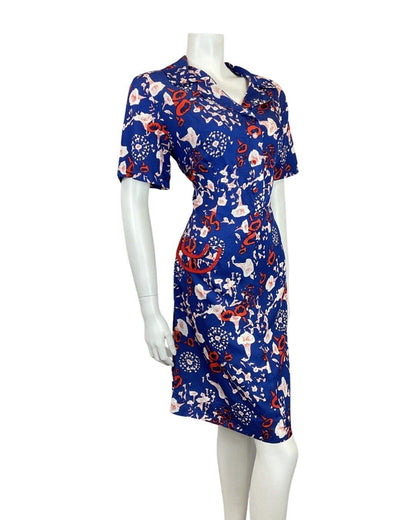 VINTAGE 60s 70s BLUE RED WHITE FLORAL PSYCHEDELIC GLITTERY MOD SHIRT DRESS 14 16