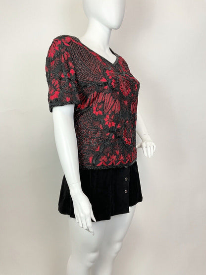 VTG 70s 80s BLACK RED FLORAL EMBROIDERED BEADED SEQUIN PARTY BLOUSE TOP 24 26