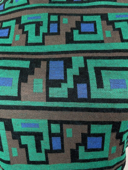 VINTAGE 60s 70s BLACK GREEN BLUE GEOMETRIC TURTLENECK PLEATED SKATER DRESS 14 16