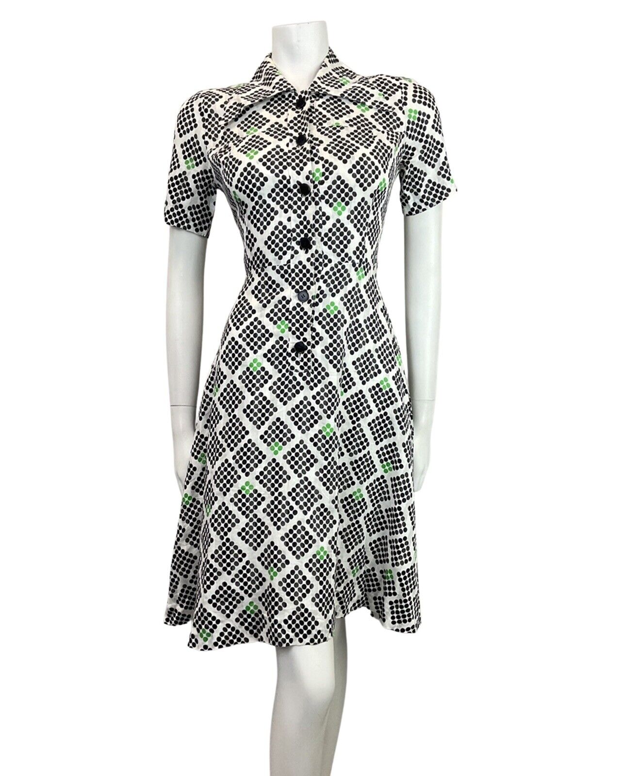 VINTAGE 60s 70s WHITE BLACK GREEN GEOMETRIC DOTTY WING COLLAR MOD SHIRT DRESS 8