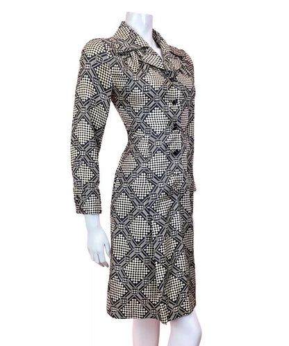 VINTAGE 60s 70s CREAM BLACK GEOMETRIC CHECKERBOARD MOD DAGGER SHIRT DRESS 8 10