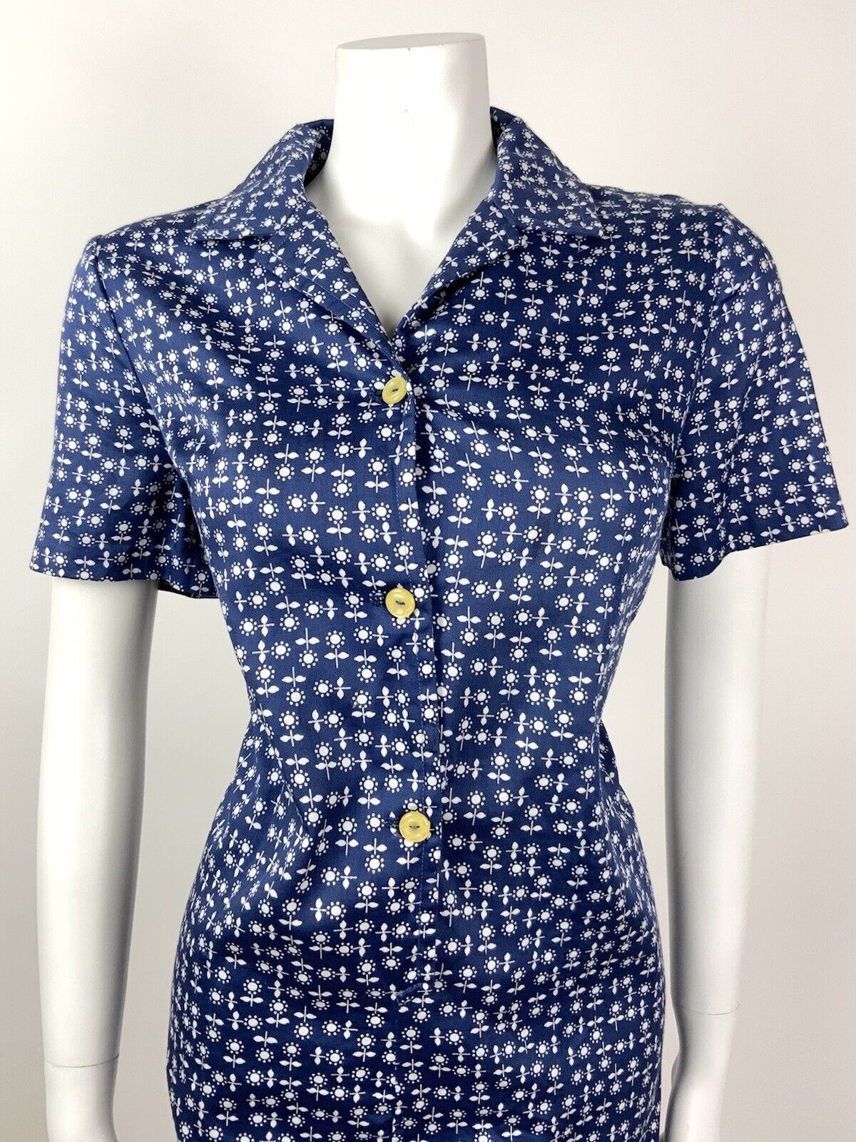 VINTAGE 60s 70s BLUE WHITE FLORAL DAISY SHIRT SHIFT DRESS 14 16
