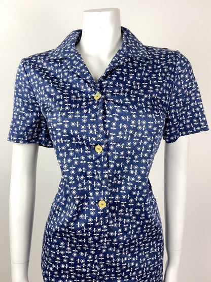 VINTAGE 60s 70s BLUE WHITE FLORAL DAISY SHIRT SHIFT DRESS 14 16
