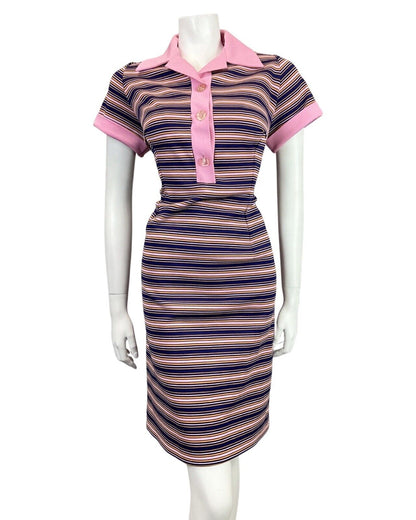 VINTAGE 60s 70s NAVY BLUE BABY PINK STRIPED MOD SHIRT DRESS 12 14