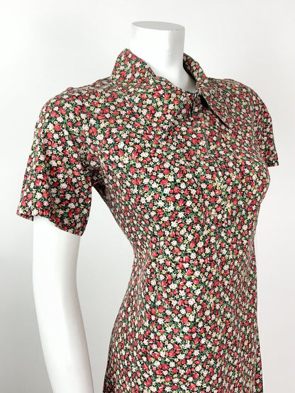 VINTAGE 60s 70s RED PINK GREEN FLORAL DITSY ROSE DAGGER SHIRT DRESS 12