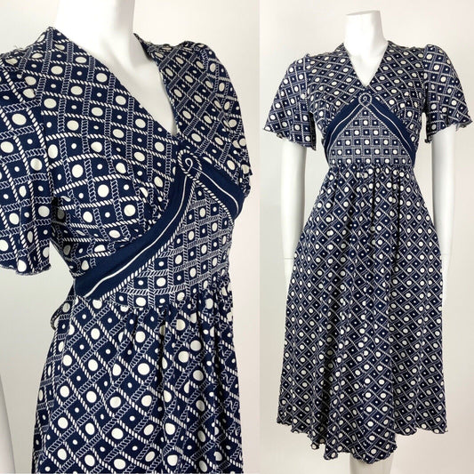 VINTAGE 60s 70s NAVY BLUE WHITE GRID ROPE DOTTY NAUTICAL SWING DRESS 10 12