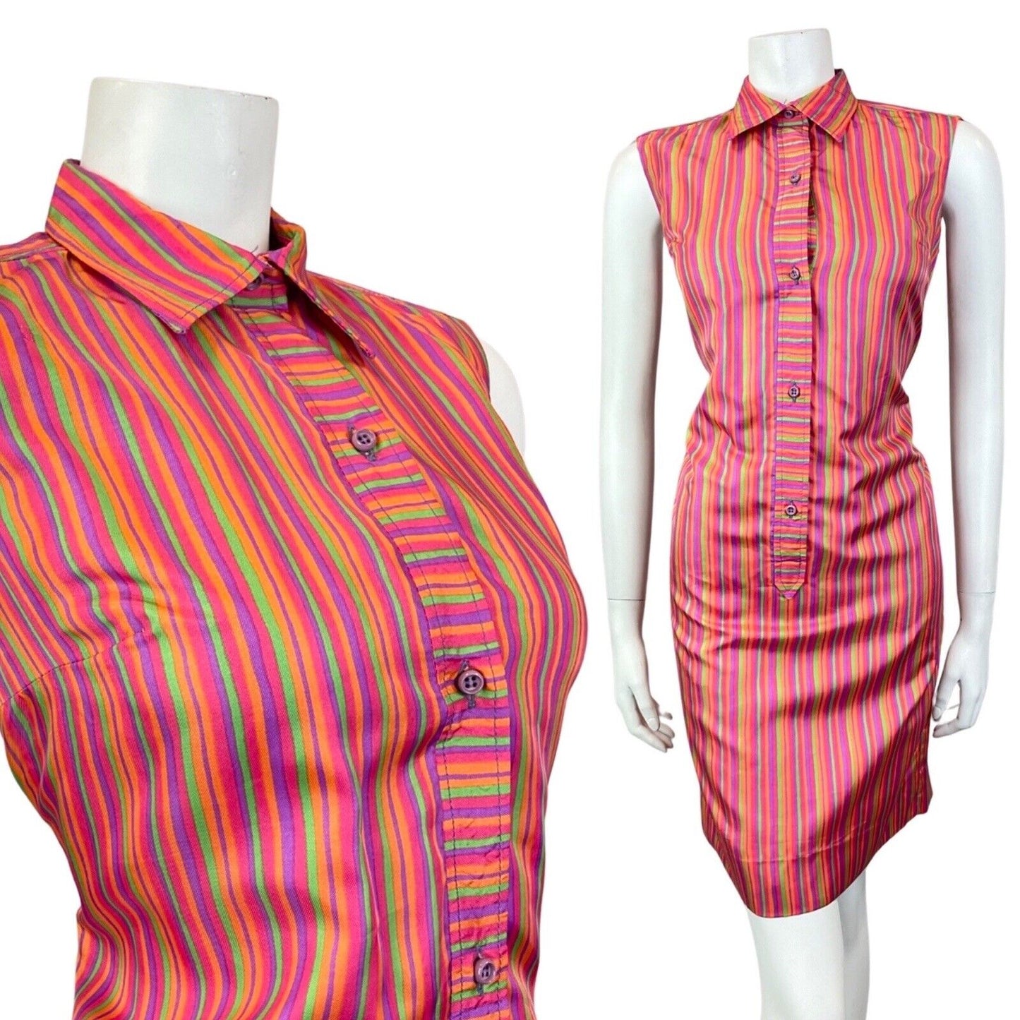 VINTAGE 60s 70s PINK GREEN PURPLE STRIPED SLEEVELESS MOD SHIFT DRESS 10 12