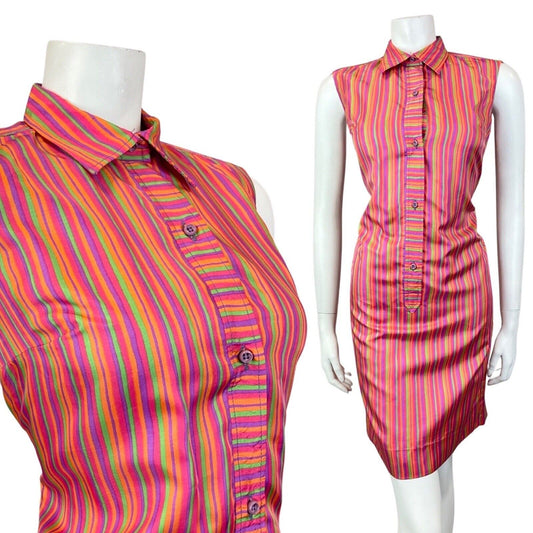 VINTAGE 60s 70s PINK GREEN PURPLE STRIPED SLEEVELESS MOD SHIFT DRESS 10 12