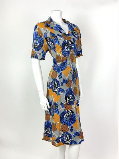 VINTAGE 60s 70s BLUE SILVER YELLOW PSYCHEDELIC FLORAL PAISLEY SHIRT DRESS 16 18