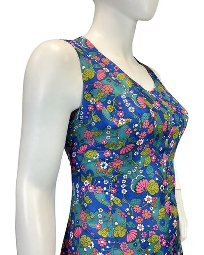 VINTAGE 60s 70s BLUE PINK GREEN PSYCHEDELIC FLORAL DAISY SLEEVELESS DRESS 16