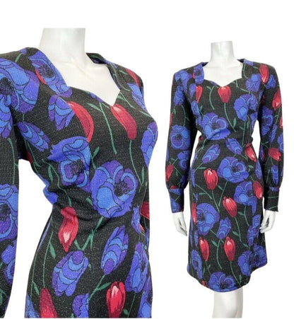 VINTAGE 60s 70s BLACK BLUE RED FLORAL ROSE TULIP LUREX PARTY GLAM DRESS 16 18