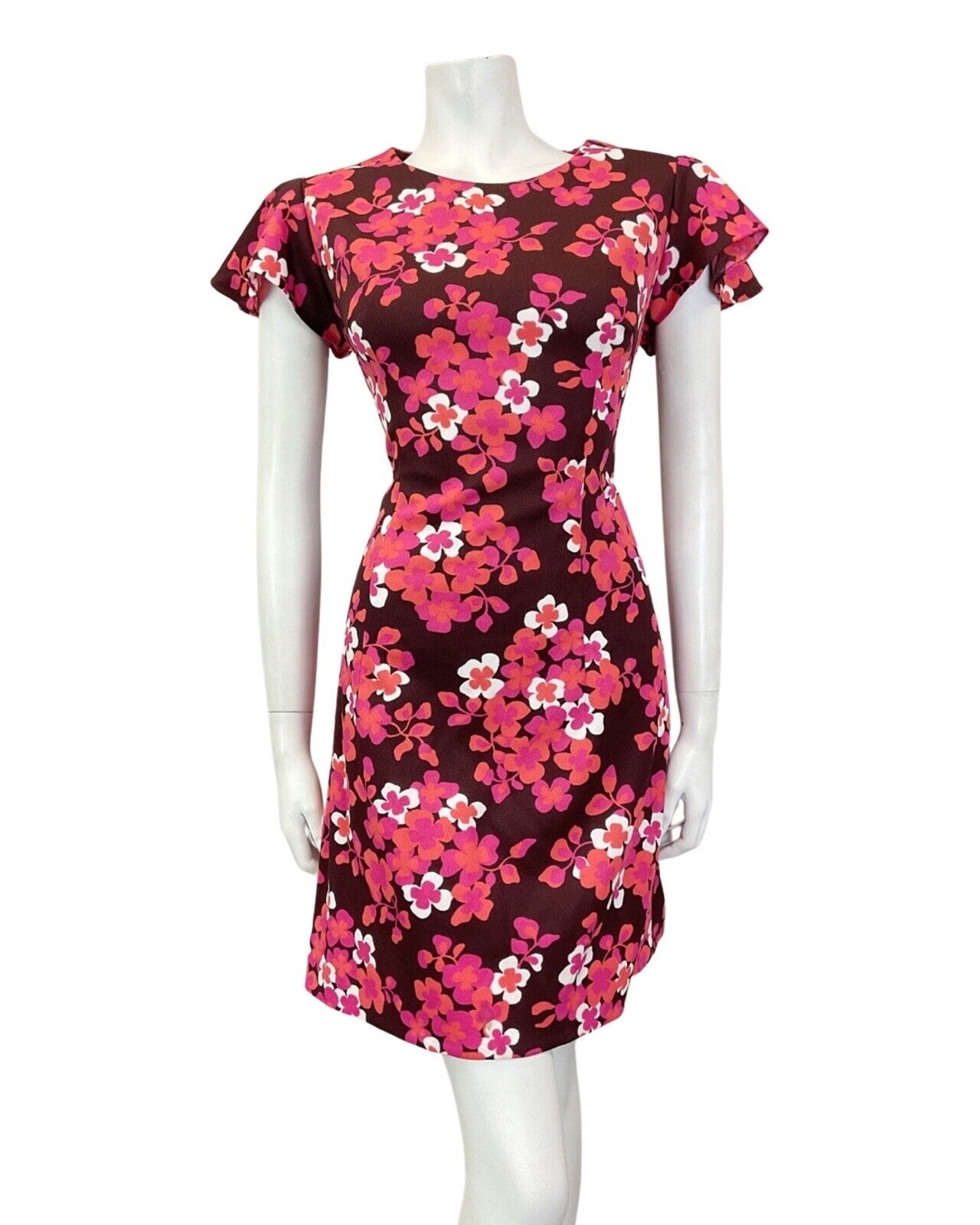 VINTAGE 60s 70s PINK BROWN PURPLE FLORAL BLOSSOM CAPE SLEEVE MOD SHORT DRESS 14