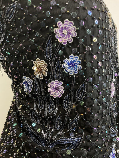 VINTAGE 70s 80s BLACK PURPLE FLORAL SEQUIN BEADED DISCO GLAM WAISTCOAT TOP 12 14