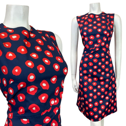 VINTAGE 60s 70s BLUE RED WHITE ABSTRACT DOTTY SLEEVELESS MOD DRESS 10 12