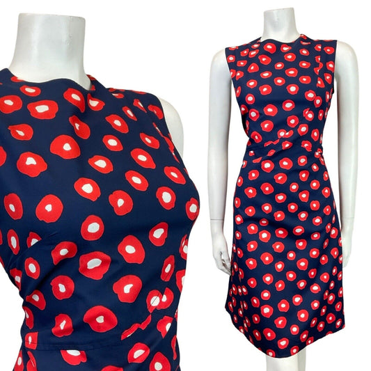 VINTAGE 60s 70s BLUE RED WHITE ABSTRACT DOTTY SLEEVELESS MOD DRESS 10 12