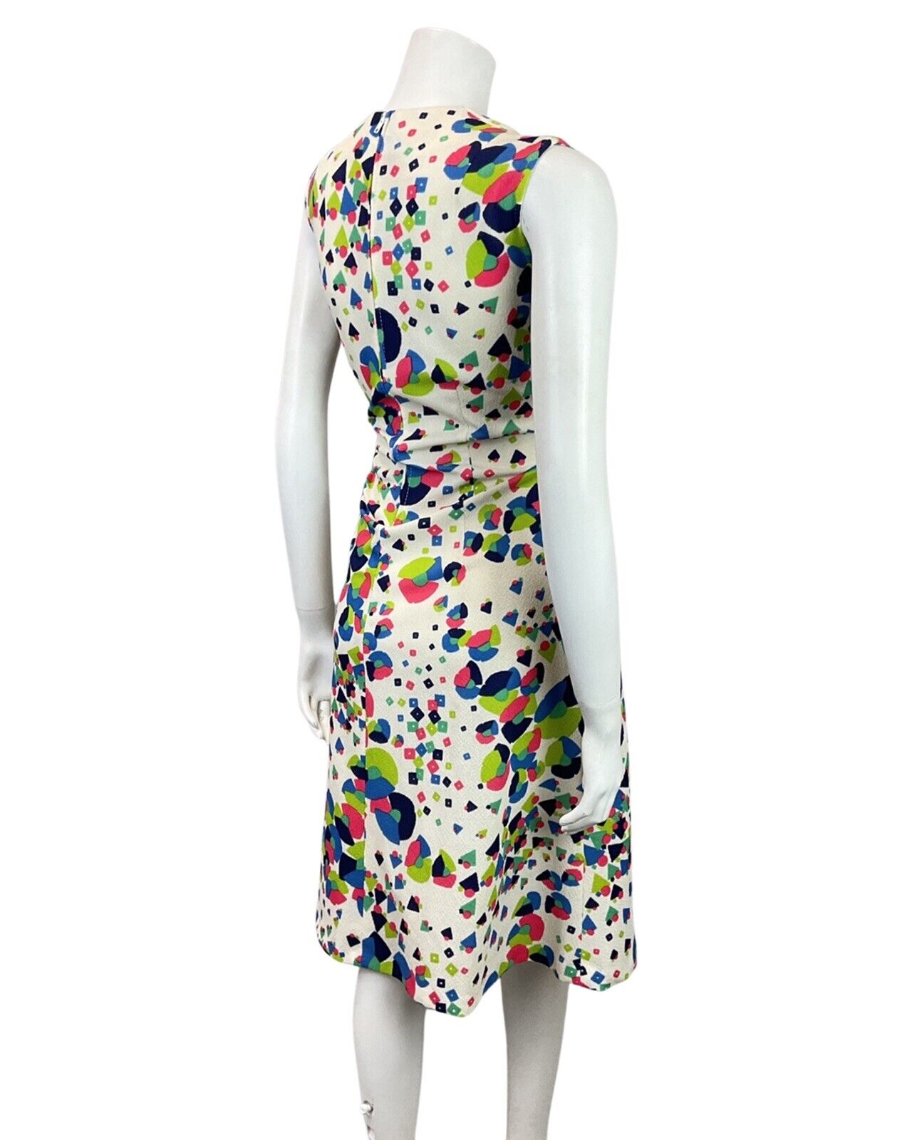 VINTAGE 60s 70s CREAM GREEN PINK GEOMETRIC PSYCHEDELIC SLEEVELESS SWING DRESS 12