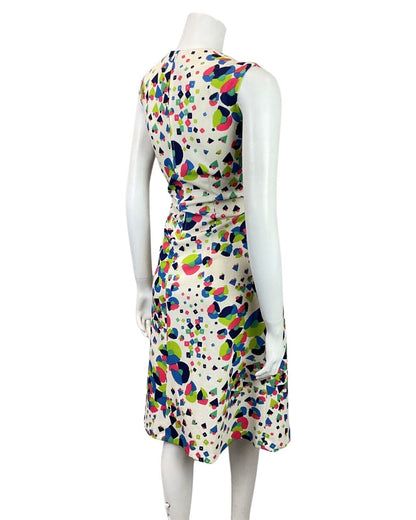 VINTAGE 60s 70s CREAM GREEN PINK GEOMETRIC PSYCHEDELIC SLEEVELESS SWING DRESS 12