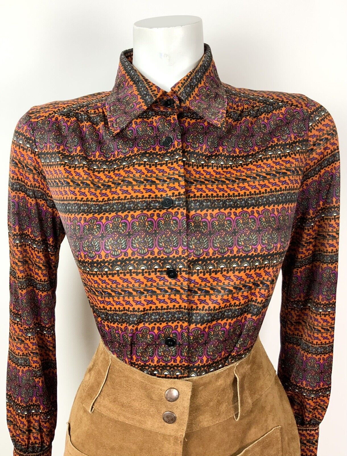 VINTAGE 60s 70s ORANGE BROWN PURPLE STRIPED PSYCHEDELIC FLORAL SHIRT TOP 14 16