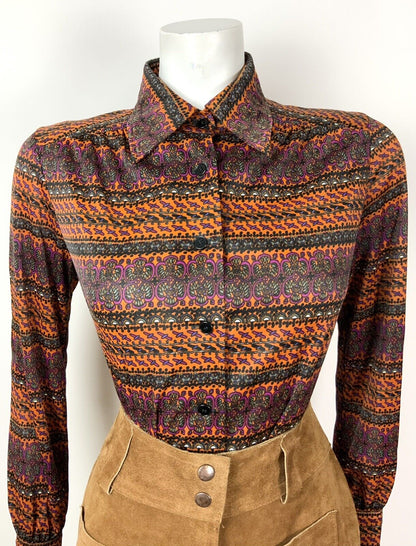 VINTAGE 60s 70s ORANGE BROWN PURPLE STRIPED PSYCHEDELIC FLORAL SHIRT TOP 14 16