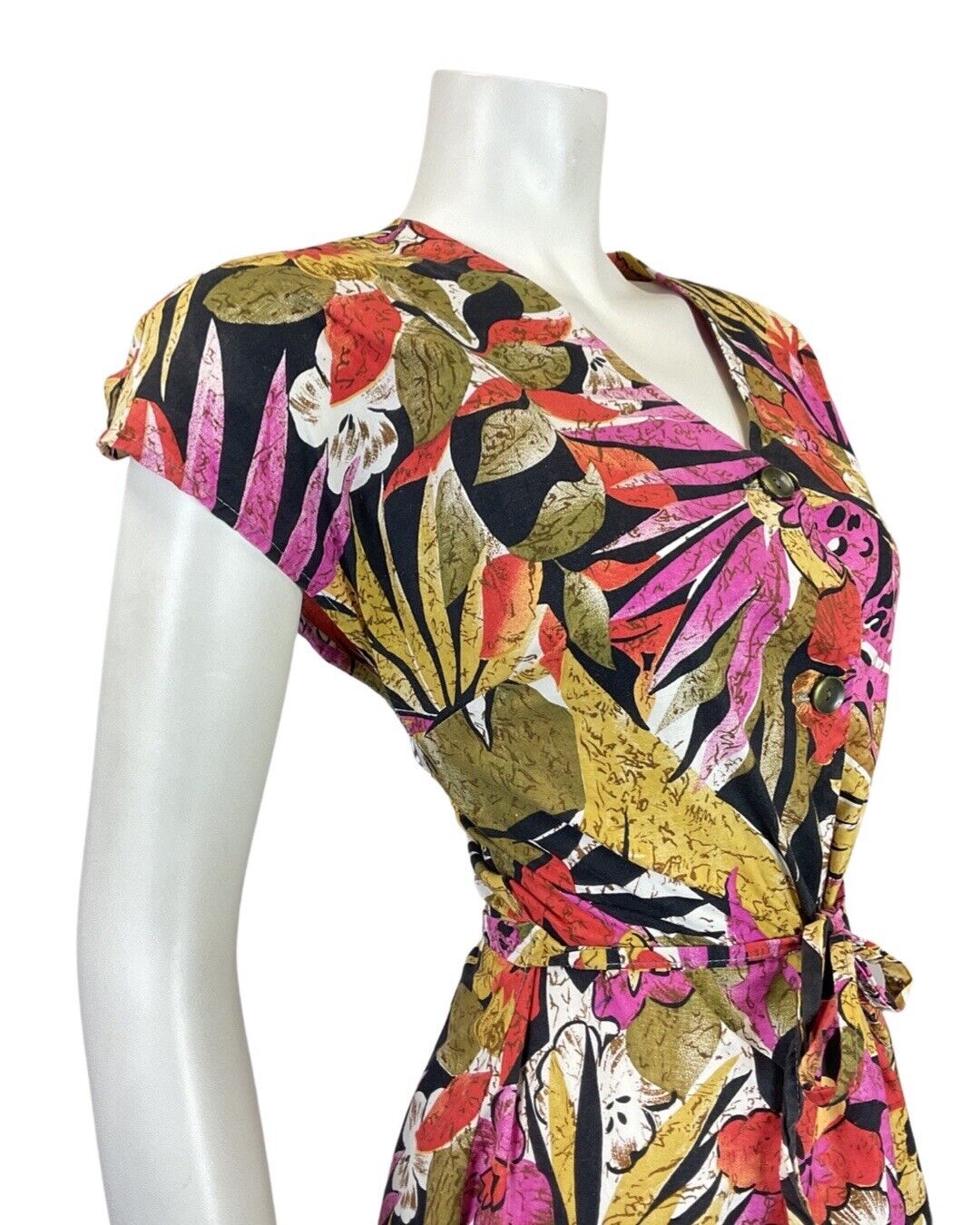 VINTAGE 70s 80s BROWN PINK YELLOW FLORAL PALM LEAF HAWAIIAN SHIRT DRESS 10 12