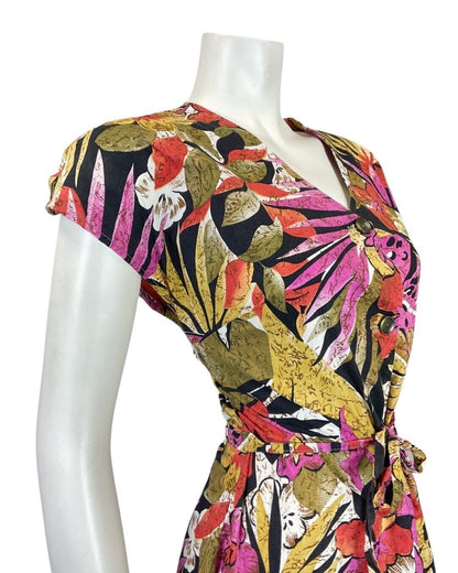 VINTAGE 70s 80s BROWN PINK YELLOW FLORAL PALM LEAF HAWAIIAN SHIRT DRESS 10 12