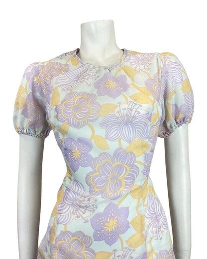 VINTAGE 60s 70s PURPLE BLUE YELLOW FLORAL MOD PUFF SLEEVE SWING DRESS 10 12