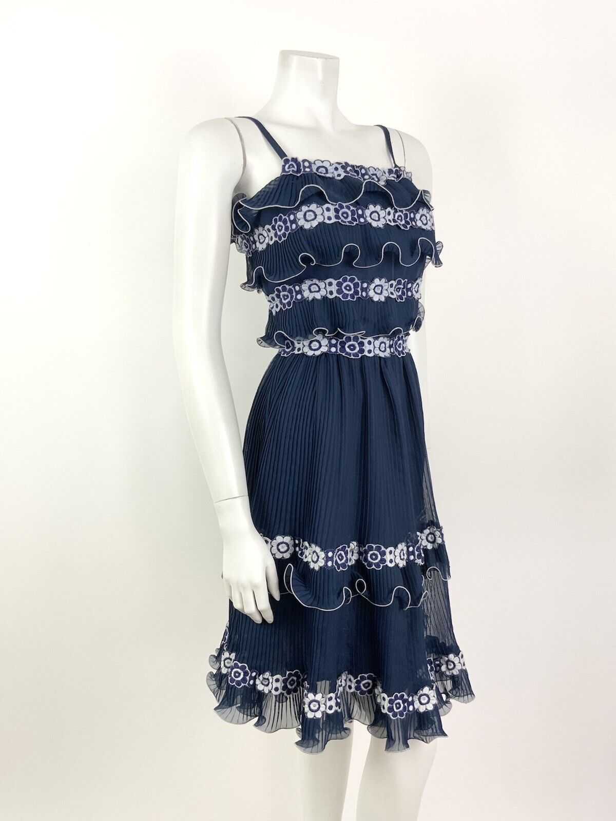 VINTAGE 60s 70s NAVY BLUE WHITE FLORAL PLEATED STRAPPY SUMMER RUFFLE DRESS 4