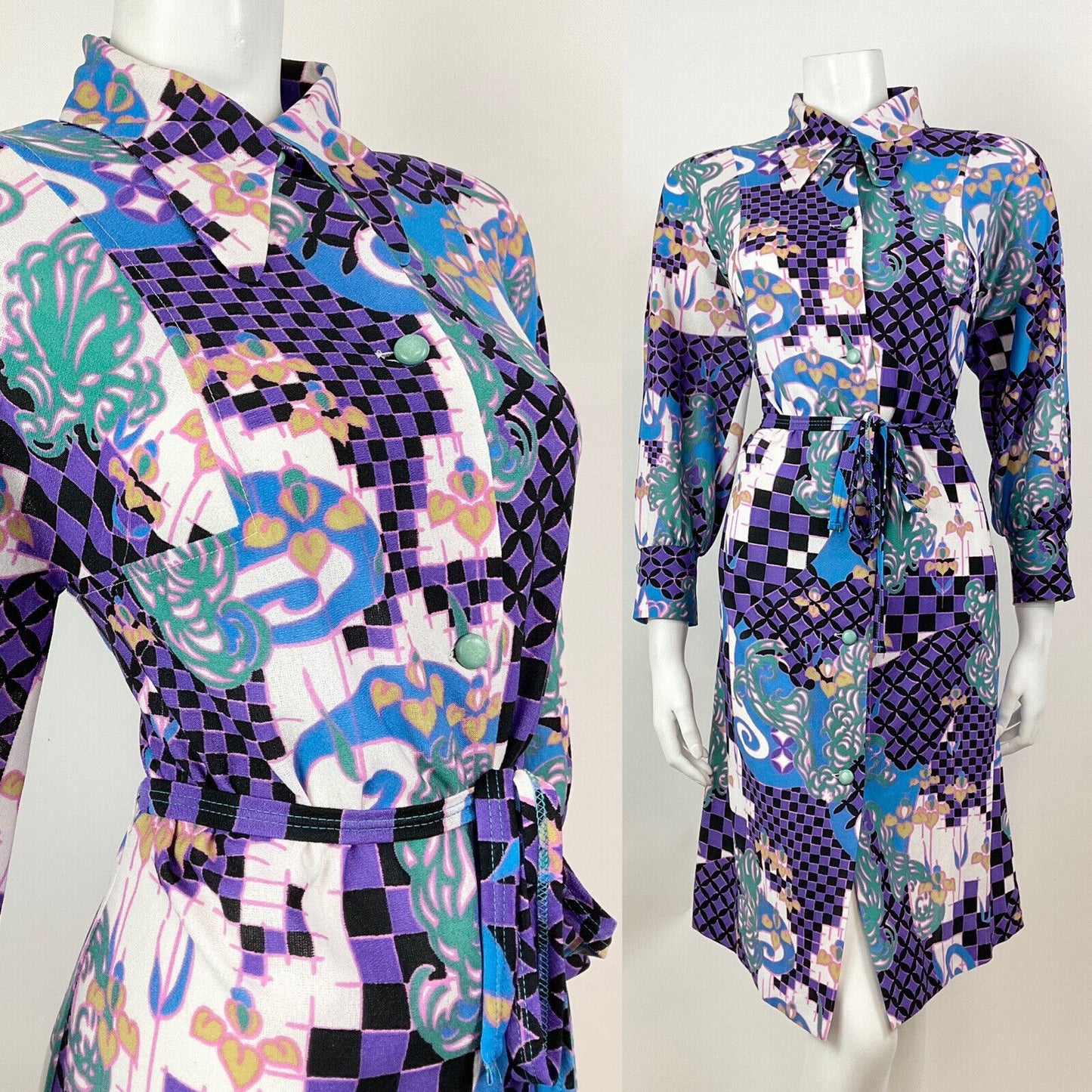 VTG 60s 70s PURPLE GREEN BLACK PSYCHEDELIC CHECKERBOARD DAGGER SHIRT DRESS 12 14