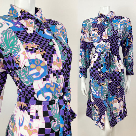 VTG 60s 70s PURPLE GREEN BLACK PSYCHEDELIC CHECKERBOARD DAGGER SHIRT DRESS 12 14