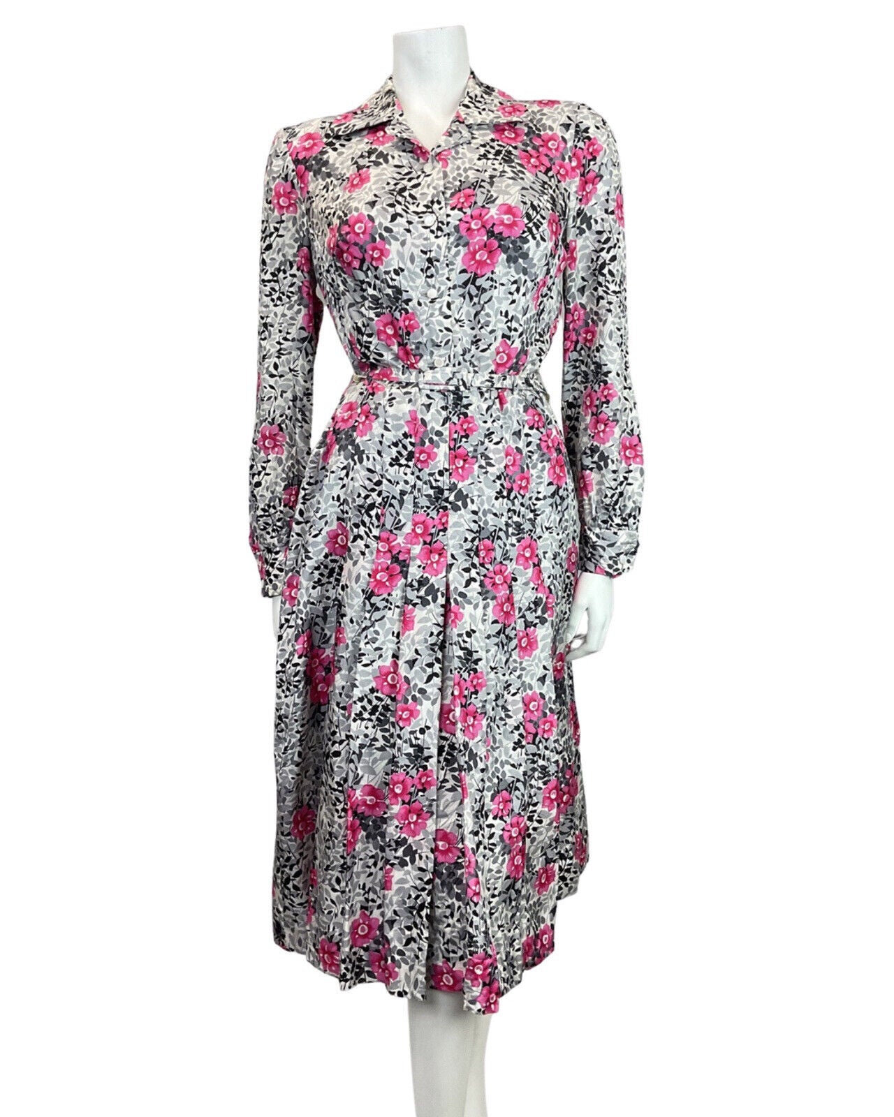 VINTAGE 60s 70s SILVER GREY PINK LEAFY FLORAL BELTED SWING SHIRT DRESS 12 14