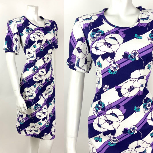 VINTAGE 60s 70s PURPLE WHITE TURQUOISE STRIPED FLORAL MOD DRESS 14 16