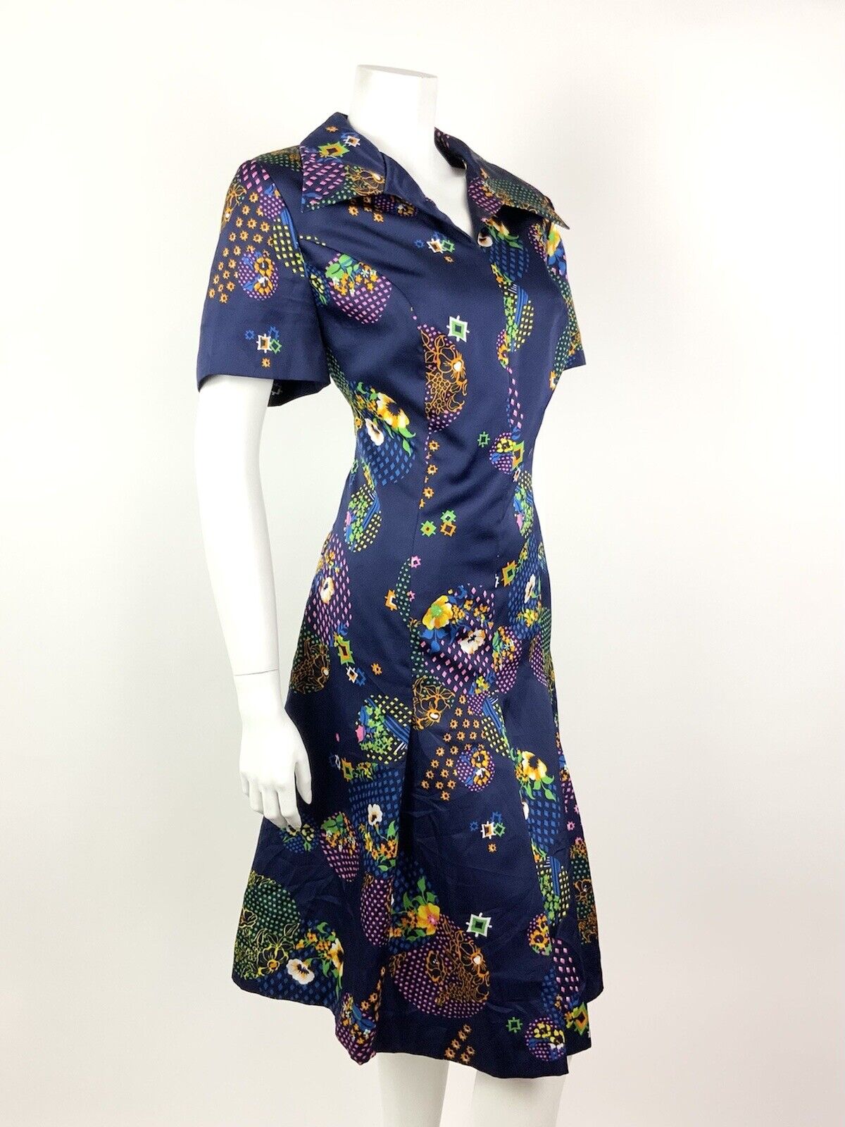 VINTAGE 60s 70s BLUE PINK GREEN YELLOW GEOMETRIC FLORAL DOTTY DAGGER DRESS 14 16