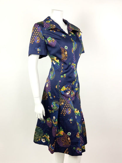VINTAGE 60s 70s BLUE PINK GREEN YELLOW GEOMETRIC FLORAL DOTTY DAGGER DRESS 14 16