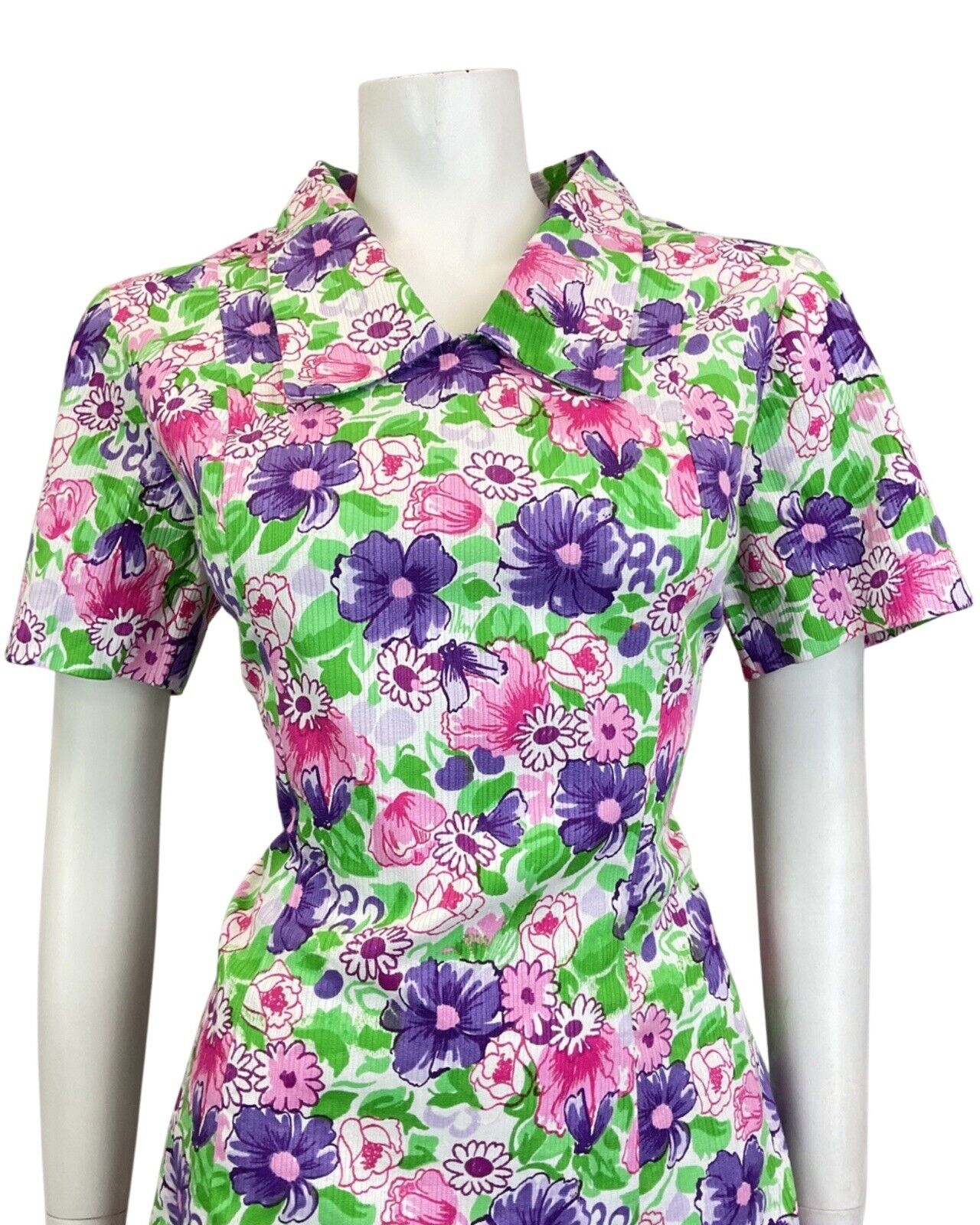 VINTAGE 60s 70s GREEN PURPLE PINK FLORAL GARDEN SHORT SHIRT DRESS 14 16