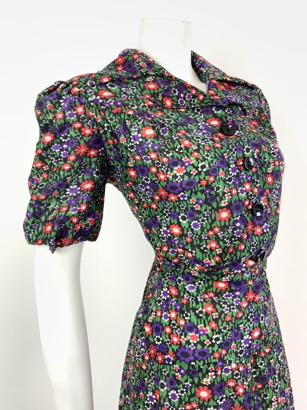 VTG 60s 70s GREEN PURPLE RED BLACK FLORAL DAISY DITSY MOD DAGGER SHIRT DRESS 12