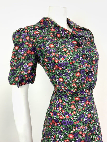 VTG 60s 70s GREEN PURPLE RED BLACK FLORAL DAISY DITSY MOD DAGGER SHIRT DRESS 12