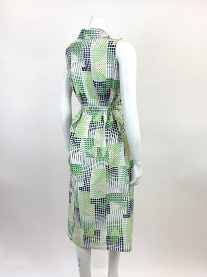 VINTAGE 60s 70s GREEN WHITE BLUE GEOMETRIC GRID CHECKED DAGGER SHIRT DRESS 12 14