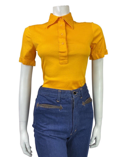 VINTAGE 60s 70s SUNSHINE YELLOW MOD DAGGER COLLAR SHORT SLEEVE SHIRT 8 10
