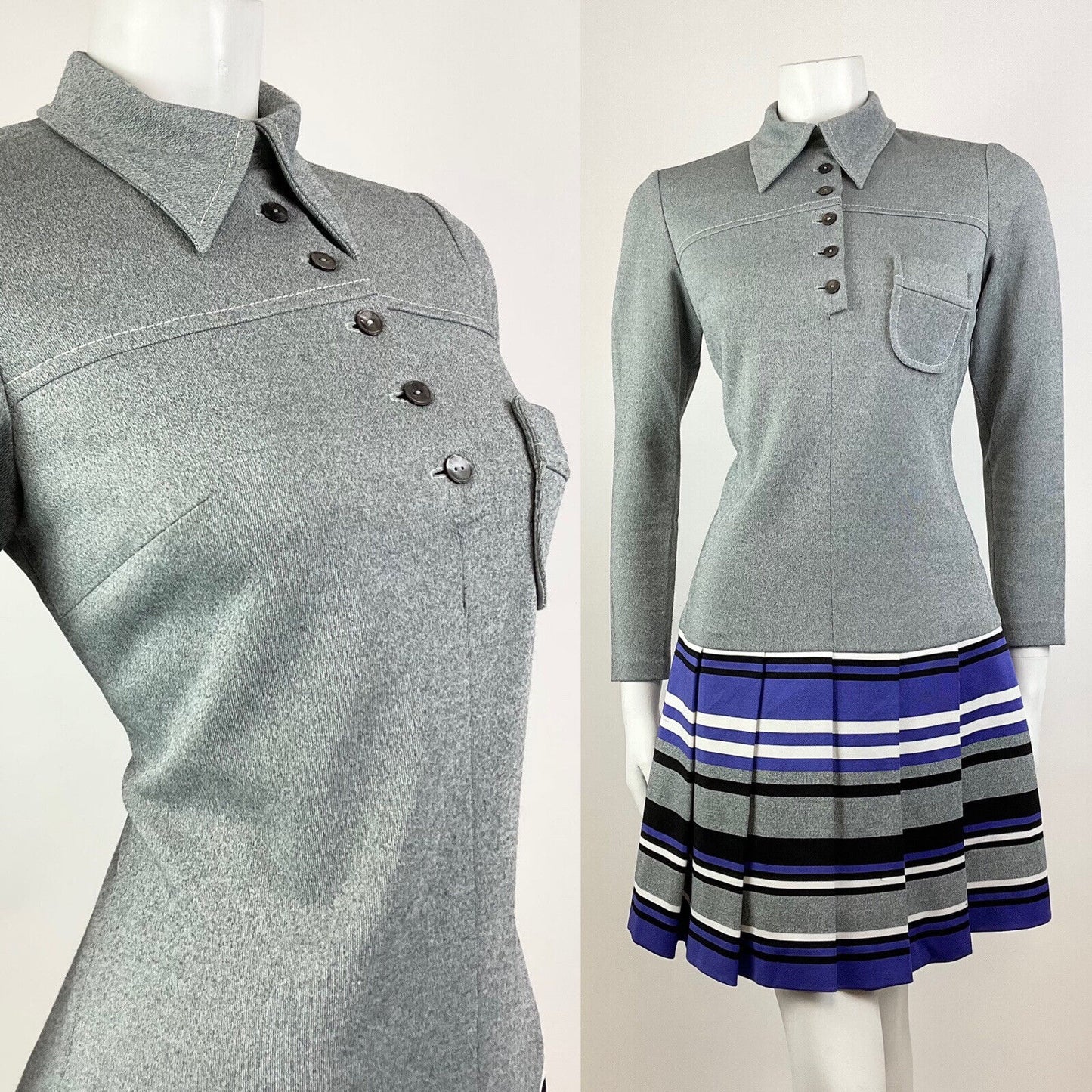 VTG 60s 70s GREY PURPLE WHITE STRIPED MOD PREPPY DAGGER SHIRTSCOOTER DRESS 10 12